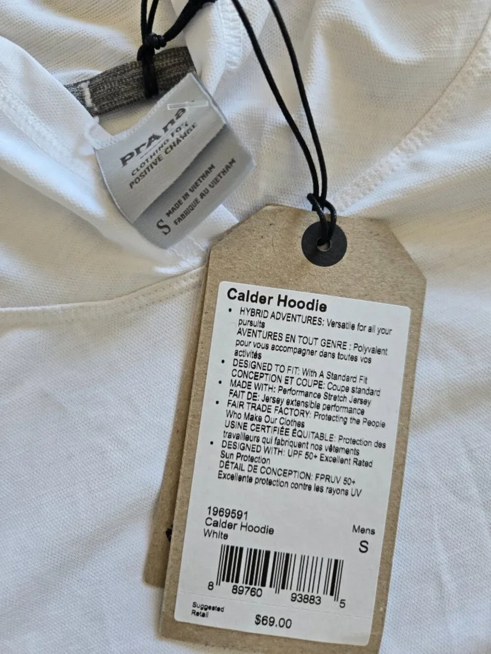 Prana Mens Calder Hoodie Swimming White Small NWT